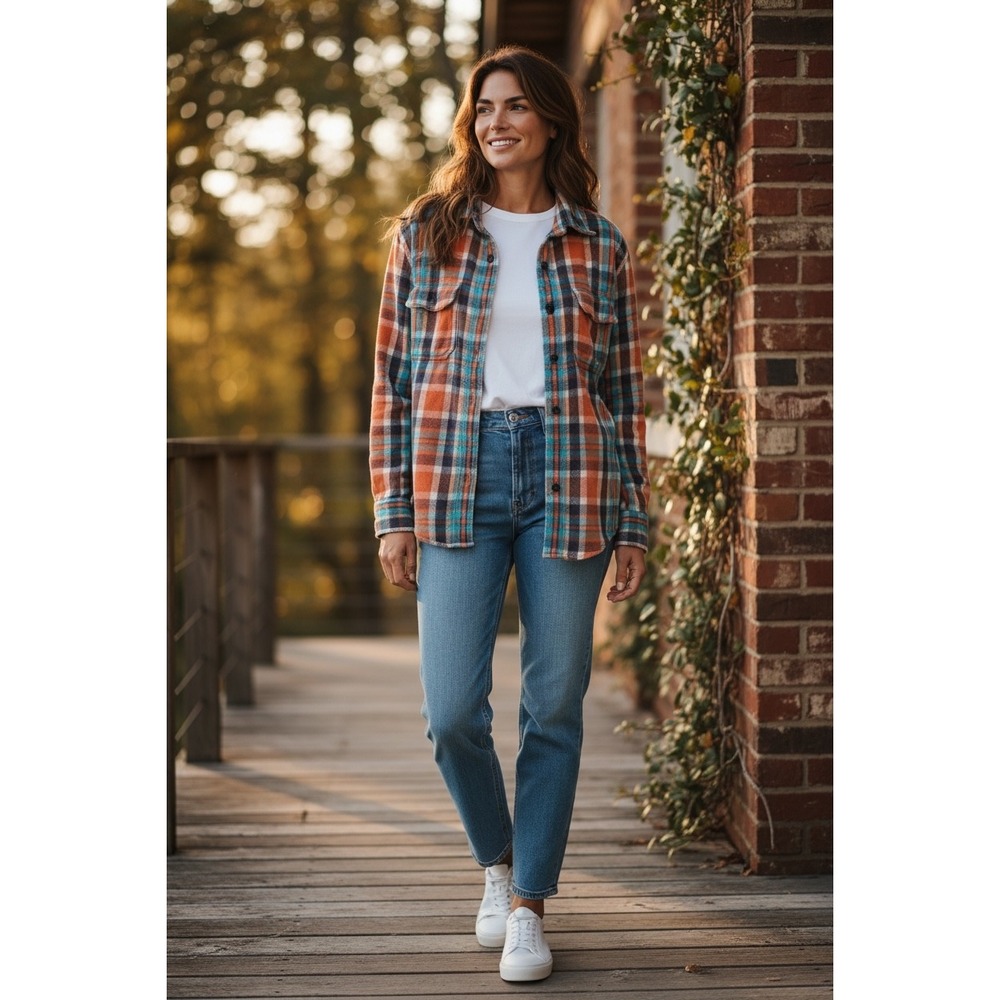 American Eagle Outfitters Plaid Flannel Shirt Orange Teal Navy Women Large‎